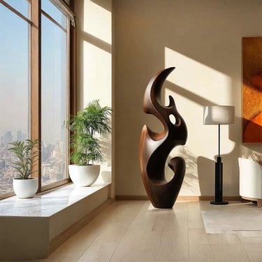 Flowing Abstract Solid Wood Floor Sculpture for Modern Interiors